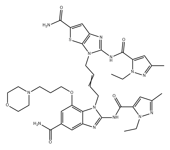 1H-Benzimidazole-5-carboxamide, 1-[4-[5-(aminocarbonyl)-2-[[(1-ethyl-3-methyl-1H-pyrazol-5-yl)carbonyl]amino]-3H-thieno[2,3-d]imidazol-3-yl]-2-buten-1-yl]-2-[[(1-ethyl-3-methyl-1H-pyrazol-5-yl)carbonyl]amino]-7-[3-(4-morpholinyl)propoxy]- Structure