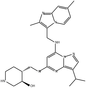 3-Piperidinol, 4-[[[7-[[(2,7-dimethylimidazo[1,2-a]pyridin-3-yl)methyl]amino]-3-(1-methylethyl)pyrazolo[1,5-a]pyrimidin-5-yl]amino]methyl]-, (3R,4R)- 化学構造式