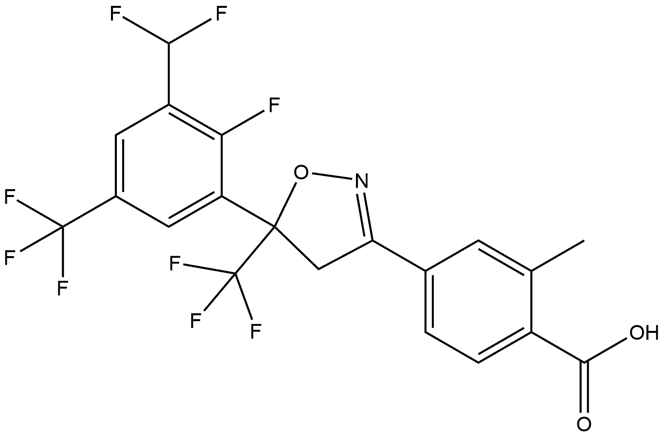 4-[5-[3-(difluoromethyl)-2-fluoro-5-(trifluoromethyl)phenyl]-5-(trifluoromethyl)-4H-isoxazol-3-yl]-2-methylbenzoic acid 化学構造式