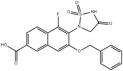 2-Naphthalenecarboxylic acid, 6-(1,1-dioxido-4-oxo-1,2,5-thiadiazolidin-2-yl)-5-fluoro-7-(phenylmethoxy)- Struktur