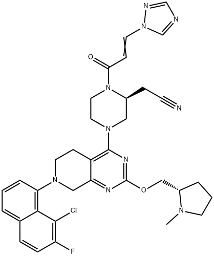 2660014-14-0 2-Piperazineacetonitrile, 4-[7-(8-chloro-7-fluoro-1-naphthalenyl)-5,6,7,8-tetrahydro-2-[[(2S)-1-methyl-2-pyrrolidinyl]methoxy]pyrido[3,4-d]pyrimidin-4-yl]-1-[1-oxo-3-(1H-1,2,4-triazol-1-yl)-2-propen-1-yl]-, (2S)-