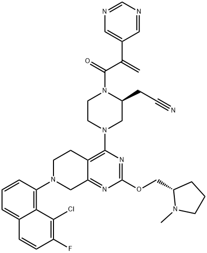 2-Piperazineacetonitrile, 4-[7-(8-chloro-7-fluoro-1-naphthalenyl)-5,6,7,8-tetrahydro-2-[[(2S)-1-methyl-2-pyrrolidinyl]methoxy]pyrido[3,4-d]pyrimidin-4-yl]-1-[1-oxo-2-(5-pyrimidinyl)-2-propen-1-yl]-, (2S)- 结构式