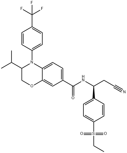 2H-1,4-Benzoxazine-7-carboxamide, N-[(1S)-2-cyano-1-[4-(ethylsulfonyl)phenyl]ethyl]-3,4-dihydro-3-(1-methylethyl)-4-[4-(trifluoromethyl)phenyl]-|化合物 RORΓT AGONIST 2