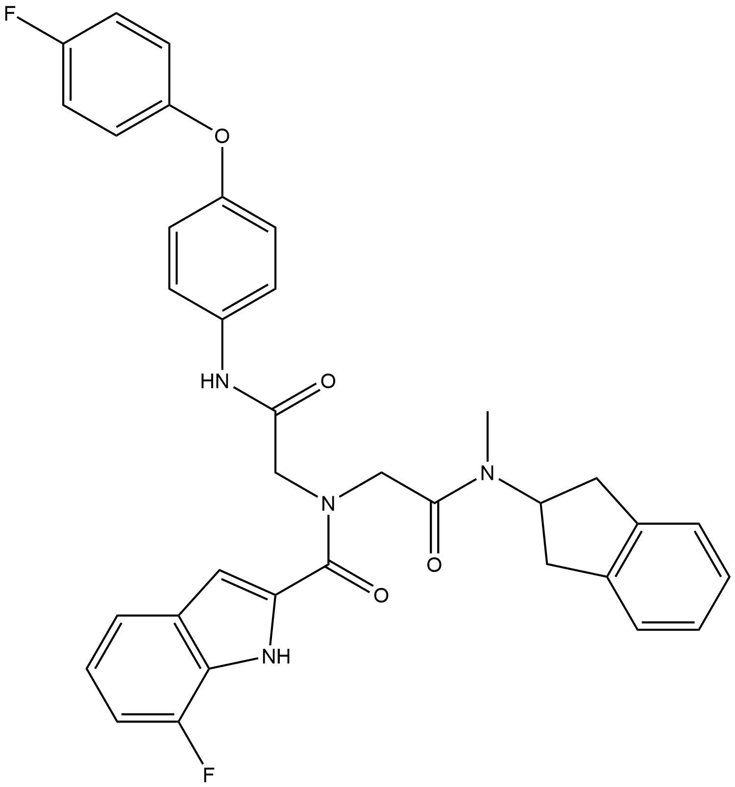 N-[2-[(2-茚满基)(甲基)氨基]-2-氧代乙基]-7-氟-N-[2-[[4-(4-氟苯氧基)苯基]氨基]-2-氧代乙基]-1H-吲哚-2-甲酰胺 结构式