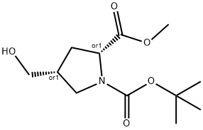 1,2-Pyrrolidinedicarboxylic acid, 4-(hydroxymethyl)-, 1-(1,1-dimethylethyl) 2-methyl ester, (2R,4R)-rel- Struktur