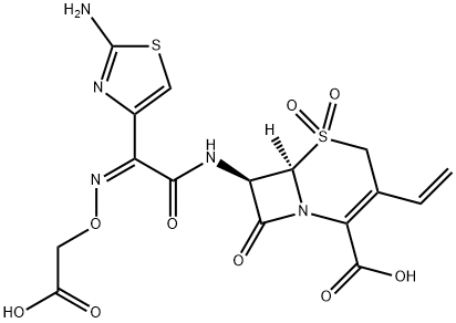 5-Thia-1-azabicyclo[4.2.0]oct-2-ene-2-carboxylic acid, 7-[[(2Z)-2-(2-amino-4-thiazolyl)-2-[(carboxymethoxy)imino]acetyl]amino]-3-ethenyl-8-oxo-, 5,5-dioxide, (6R,7R)- Struktur