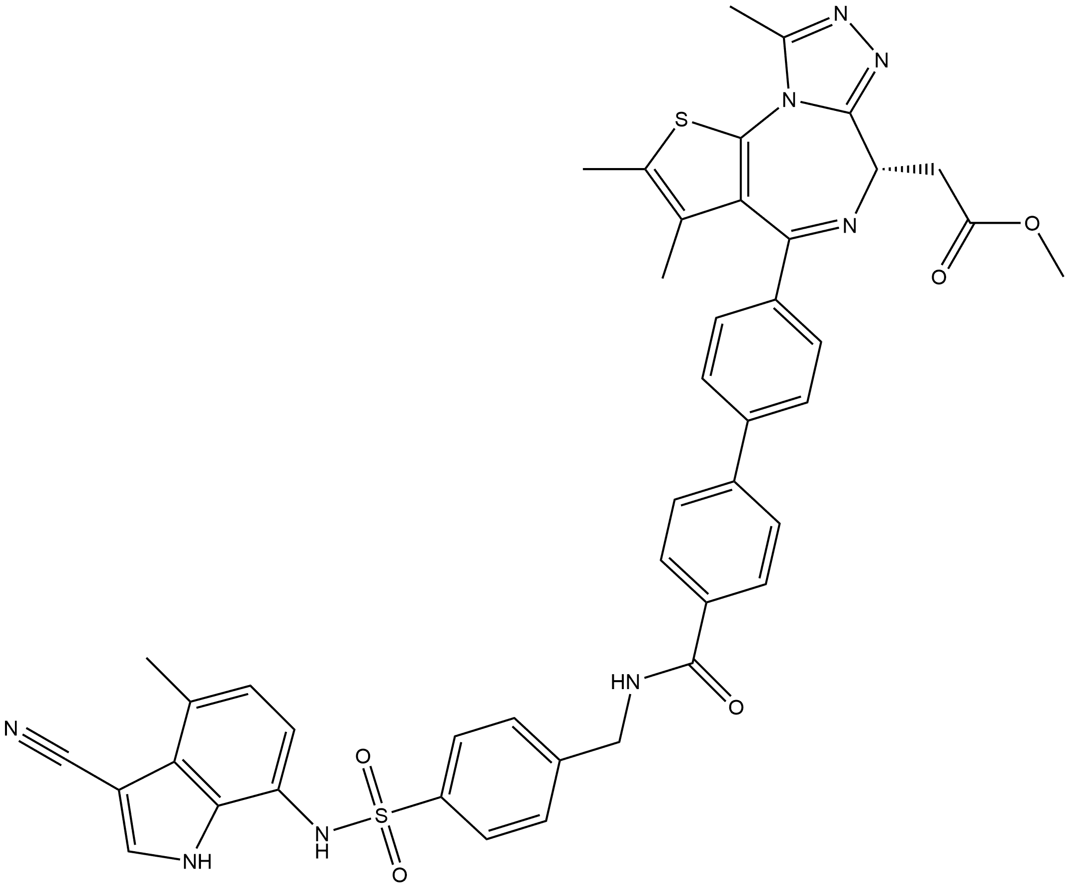 Methyl (6S)-4-[4′-[[[[4-[[(3-cyano-4-methyl-1H-indol-7-yl)amino]sulfonyl]phenyl]methyl]amino]carbonyl][1,1′-biphenyl]-4-yl]-2,3,9-trimethyl-6H-thieno[3,2-f][1,2,4]triazolo[4,3-a][1,4]diazepine-6-acetate 结构式