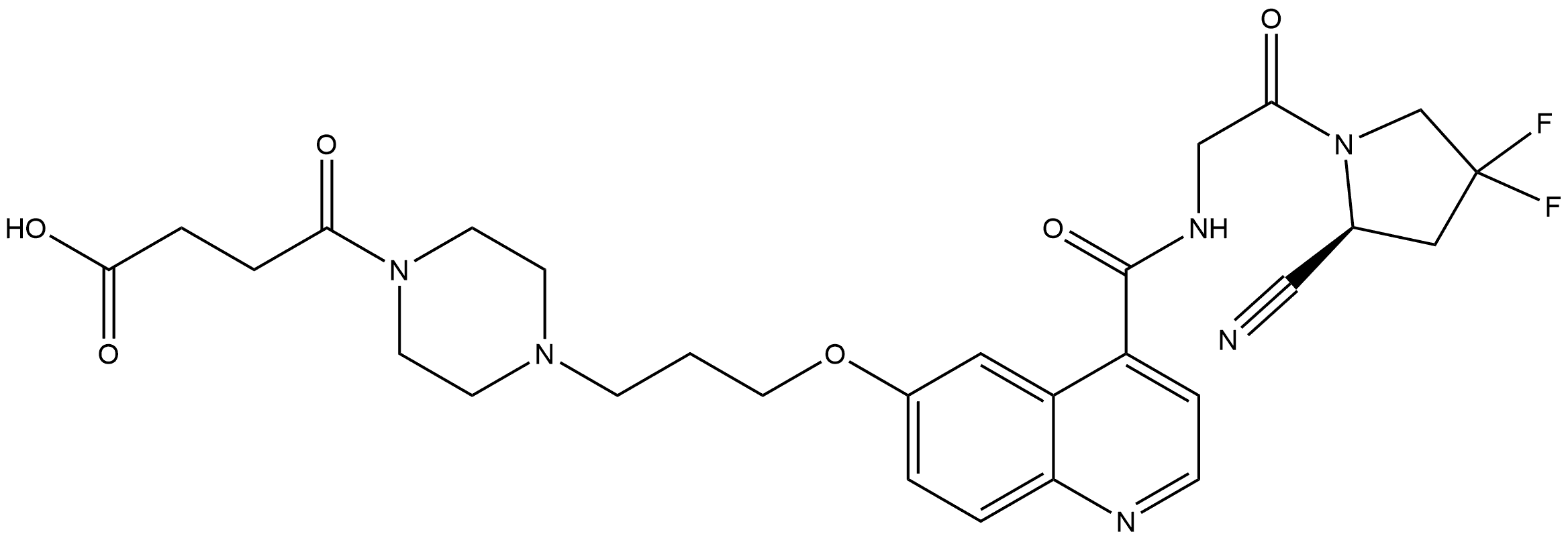 (S)-4-(4-(3-((4-((2-(2-CYANO-4,4-DIFLUOROPYRROLIDIN-1-YL)-2-OXOETHYL)CARBAMOYL)QUINOLIN-6-YL)OXY)PROPYL)PIPERAZIN-1-YL)-4-OXOBUTANOIC ACID,2688118-86-5,结构式