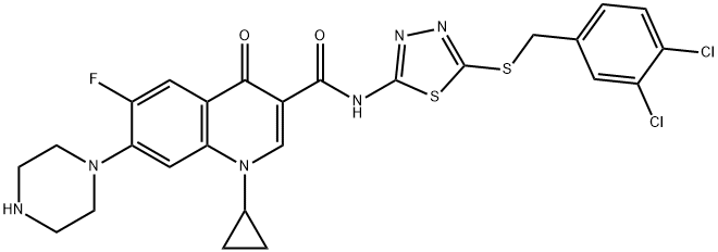 3-Quinolinecarboxamide, 1-cyclopropyl-N-[5-[[(3,4-dichlorophenyl)methyl]thio]-1,3,4-thiadiazol-2-yl]-6-fluoro-1,4-dihydro-4-oxo-7-(1-piperazinyl)- Struktur