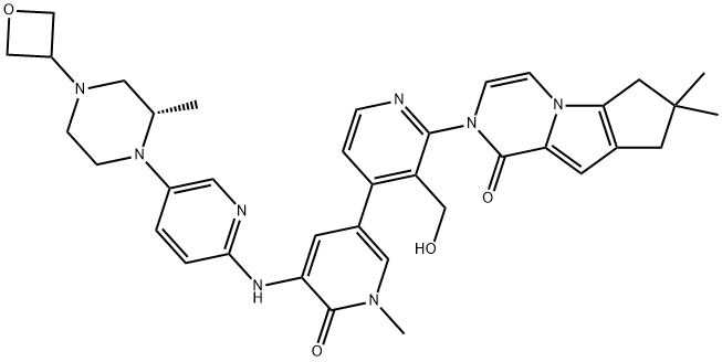 2H-Cyclopenta[4,5]pyrrolo[1,2-a]pyrazin-1(6H)-one, 2-[1,6-dihydro-3'-(hydroxymethyl)-1-methyl-5-[[5-[(2S)-2-methyl-4-(3-oxetanyl)-1-piperazinyl]-2-pyridinyl]amino]-6-oxo[3,4'-bipyridin]-2'-yl]-7,8-dihydro-7,7-dimethyl- 化学構造式