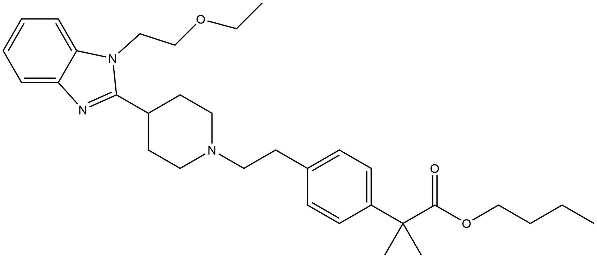 Butyl 4-[2-[4-[1-(2-ethoxyethyl)-1H-benzimidazol-2-yl]-1-piperidinyl]ethyl]-α,α-dimethylbenzeneacetate 化学構造式