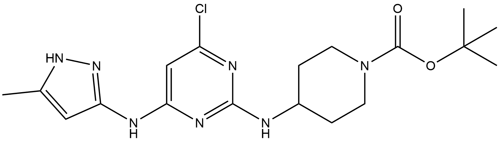 N2-(1-Boc-4-piperidyl)-6-chloro-N4-(5-methyl-3-pyrazolyl)pyrimidine-2,4-diamine 化学構造式
