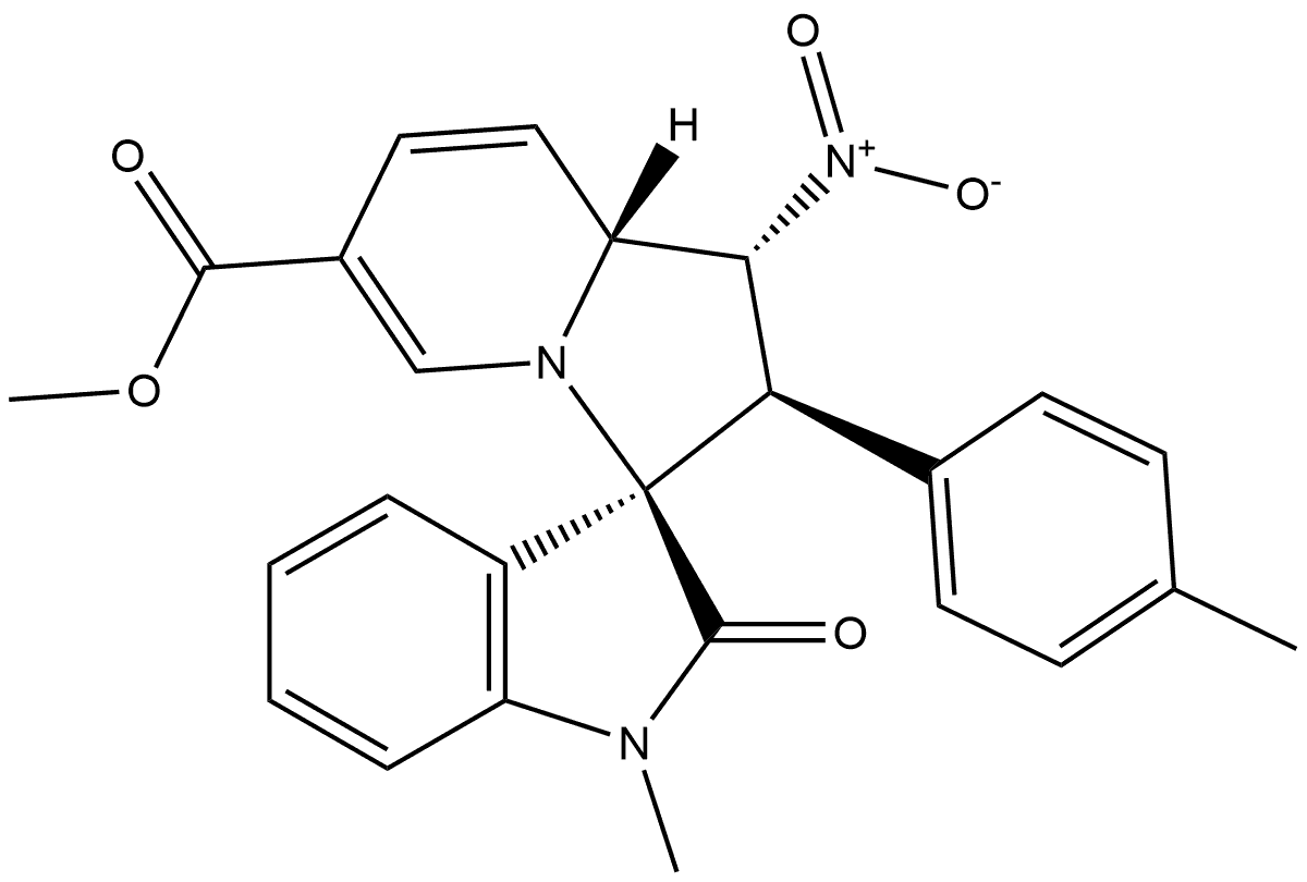 rel-Methyl (1′R,2′R,3R,8′aR)-1,1′,2,8′a-tetrahydro-1-methyl-2′-(4-methylphenyl)-1′-nitro-2-oxospiro[3H-indole-3,3′(2′H)-indolizine]-6′-carboxylate,2703108-59-0,结构式
