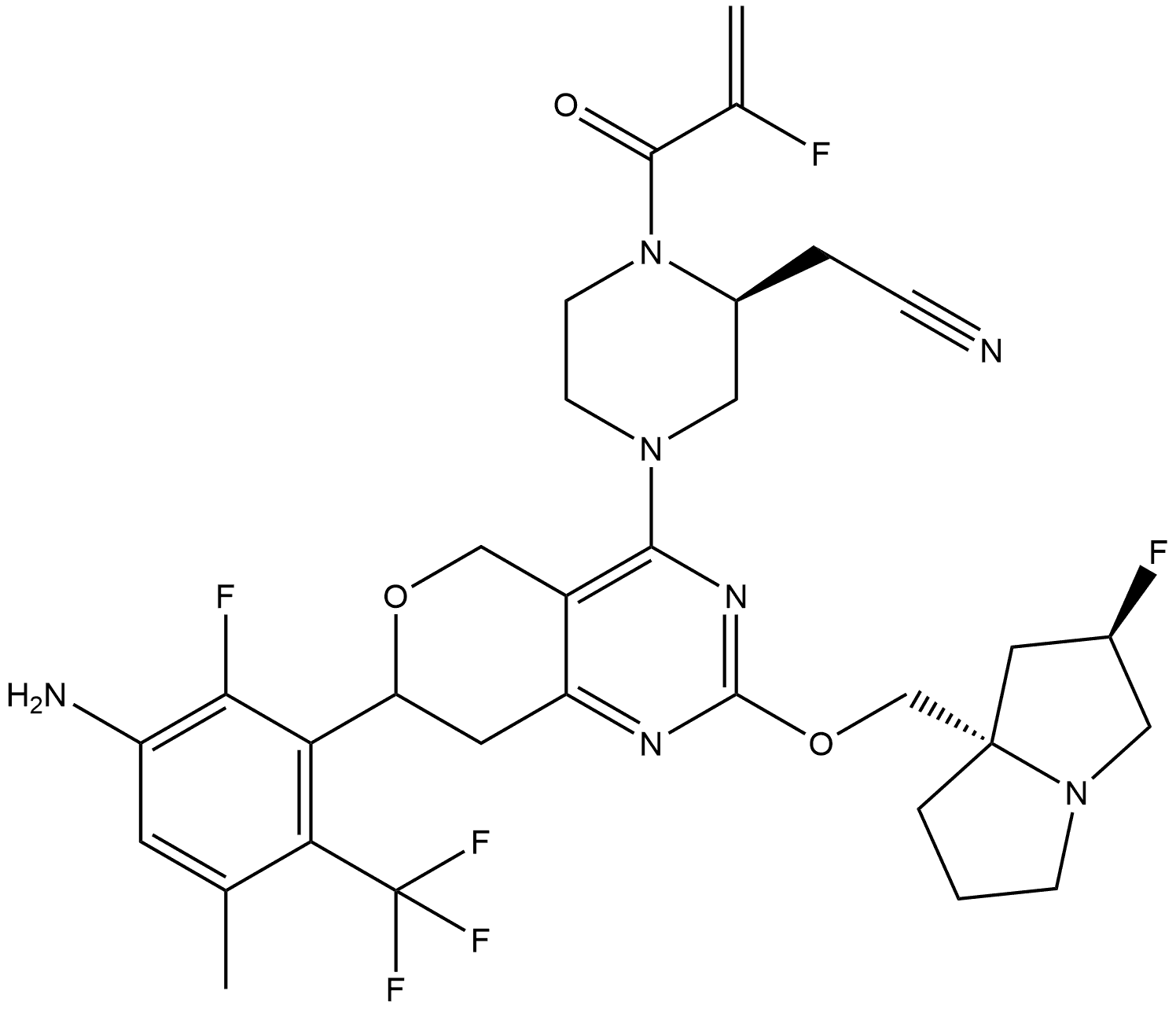 (2S)-4-[7-[3-Amino-2-fluoro-5-methyl-6-(trifluoromethyl)phenyl]-2-[[(2R,7aS)-2-fluorotetrahydro-1H-pyrrolizin-7a(5H)-yl]methoxy]-7,8-dihydro-5H-pyrano[4,3-d]pyrimidin-4-yl]-1-(2-fluoro-1-oxo-2-propen-1-yl)-2-piperazineacetonitrile 结构式