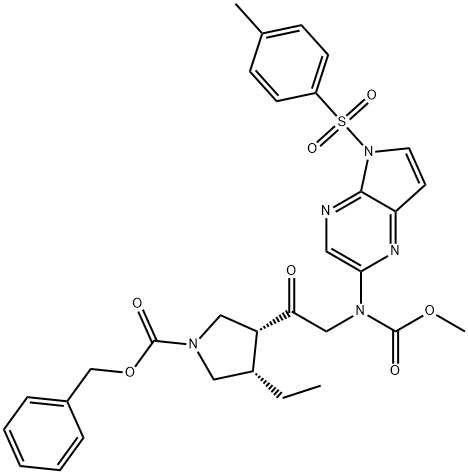 1-Pyrrolidinecarboxylic acid, 3-ethyl-4-[2-[(methoxycarbonyl)[5-[(4-methylphenyl)sulfonyl]-5H-pyrrolo[2,3-b]pyrazin-2-yl]amino]acetyl]-, phenylmethyl ester, (3S,4R)- Struktur