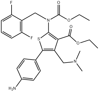 3-Thiophenecarboxylic acid, 5-(4-aminophenyl)-2-[[(2,6-difluorophenyl)methyl](ethoxycarbonyl)amino]-4-[(dimethylamino)methyl]-, ethyl ester Structure