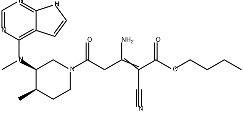 2-Pentenoic acid, 3-amino-2-cyano-5-[(3R,4R)-4-methyl-3-(methyl-7H-pyrrolo[2,3-d]pyrimidin-4-ylamino)-1-piperidinyl]-5-oxo-, butyl ester Struktur