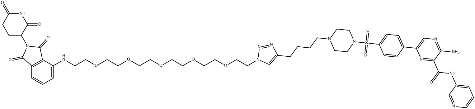 3-Amino-6-[4-[[4-[4-[1-[17-[[2-(2,6-dioxo-3-piperidinyl)-2,3-dihydro-1,3-dioxo-1H-isoindol-4-yl]amino]-3,6,9,12,15-pentaoxaheptadec-1-yl]-1H-1,2,3-triazol-4-yl]butyl]-1-piperazinyl]sulfonyl]phenyl]-N-3-pyridinyl-2-pyrazinecarboxamide,2721998-87-2,结构式