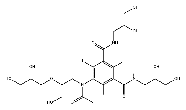 1,3-Benzenedicarboxamide, 5-[acetyl[2-(2,3-dihydroxypropoxy)-3-hydroxypropyl]amino]-N1,N3-bis(2,3-dihydroxypropyl)-2,4,6-triiodo- Struktur