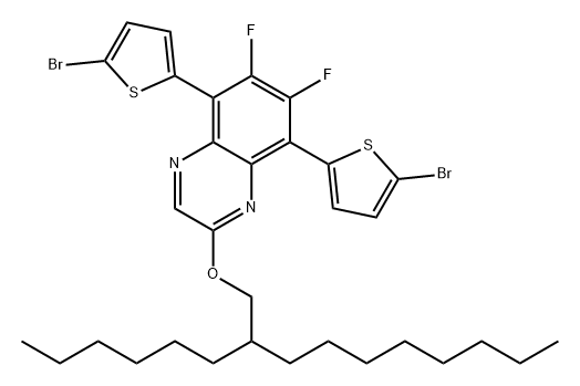 Quinoxaline, 5,8-bis(5-bromo-2-thienyl)-6,7-difluoro-2-[(2-hexyldecyl)oxy]- 化学構造式