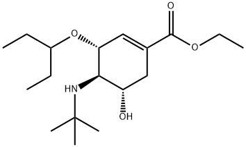 1-Cyclohexene-1-carboxylic acid, 4-[(1,1-dimethylethyl)amino]-3-(1-ethylpropoxy)-5-hydroxy-, ethyl ester, (3R,4R,5S)- 化学構造式