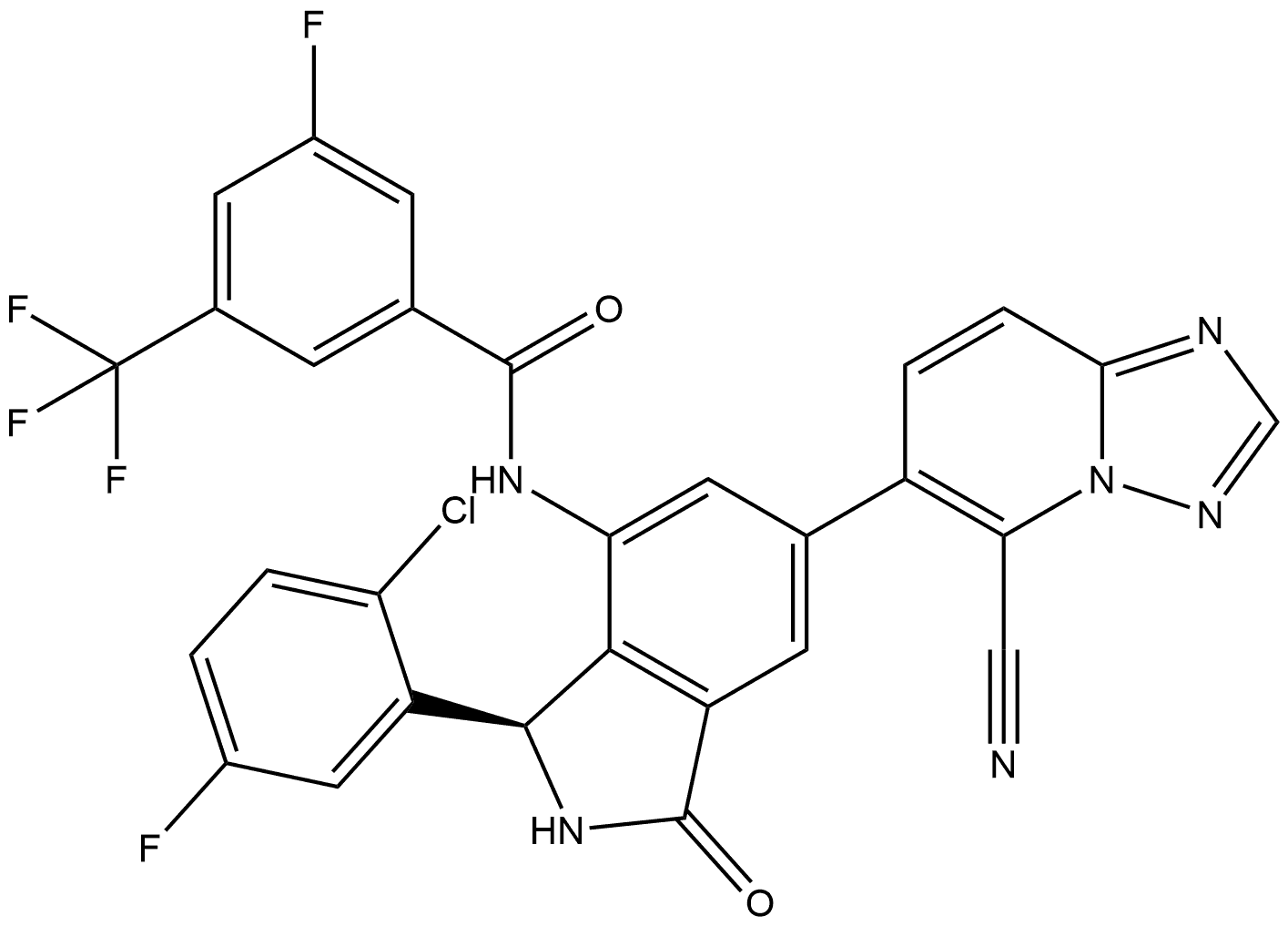 N-[(3R)-3-(2-chloro-5-fluorophenyl)-6-(5-cyano-[1,2,4]triazolo[1,5-a]pyridin-6-yl)-1-oxo-2,3-dihydroisoindol-4-yl]-3-fluoro-5-(trifluoromethyl)benzamide Struktur