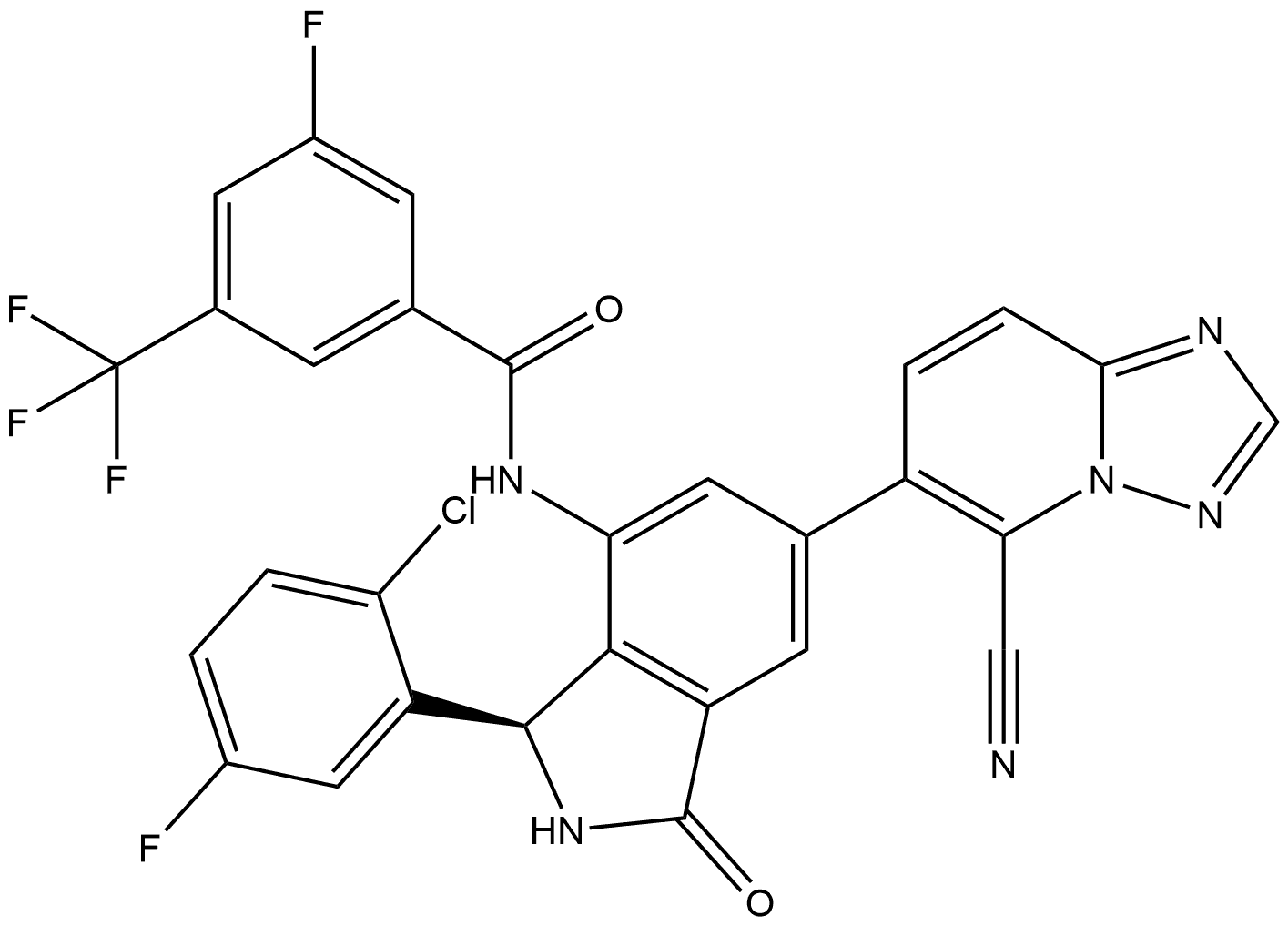 N-[(3R)-3-(2-chloro-5-fluorophenyl)-6-(5-cyano-[1,2,4]triazolo[1,5-a]pyridin-6-yl)-1-oxo-2,3-dihydroisoindol-4-yl]-3-fluoro-5-(trifluoromethyl)benzamide 化学構造式