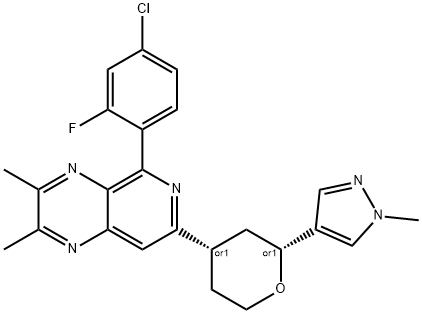 rel-5-(4-Chloro-2-fluorophenyl)-2,3-dimethyl-7-[(2R,4S)-tetrahydro-2-(1-methyl-1H-pyrazol-4-yl)-2H-pyran-4-yl]pyrido[3,4-b]pyrazine 化学構造式