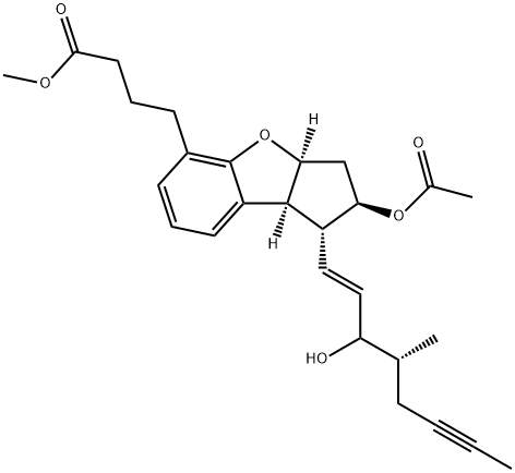 1H-Cyclopenta[b]benzofuran-5-butanoic acid, 2-(acetyloxy)-2,3,3a,8b-tetrahydro-1-[(1E,4R)-3-hydroxy-4-methyl-1-octen-6-ynyl]-, methyl ester, (1R,2R,3aS,8bS)- (9CI) Struktur