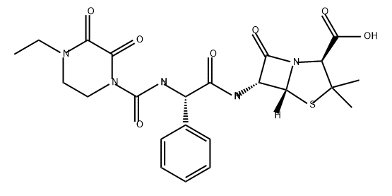 4-Thia-1-azabicyclo[3.2.0]heptane-2-carboxylic acid, 6-[[(2S)-2-[[(4-ethyl-2,3-dioxo-1-piperazinyl)carbonyl]amino]-2-phenylacetyl]amino]-3,3-dimethyl-7-oxo-, (2S,5R,6R)- Structure