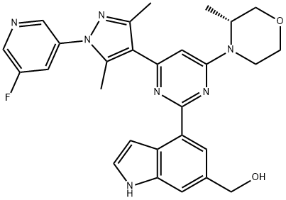 1H-Indole-6-methanol, 4-[4-[1-(5-fluoro-3-pyridinyl)-3,5-dimethyl-1H-pyrazol-4-yl]-6-[(3R)-3-methyl-4-morpholinyl]-2-pyrimidinyl]- Structure