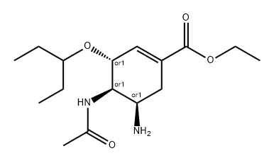 1-Cyclohexene-1-carboxylic acid, 4-(acetylamino)-5-amino-3-(1-ethylpropoxy)-, ethyl ester, (3R,4R,5R)-rel- 化学構造式