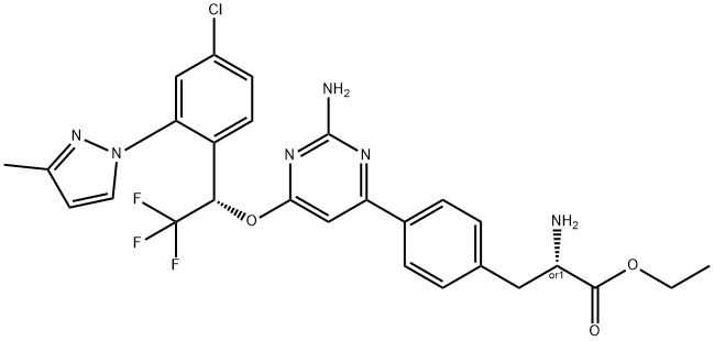 ethyl (S)-2-amino-3-(4-(2-amino-6-((S)-1-(4-chloro-2-(3-methyl-1H-pyrazol-1-yl)phenyl)-2,2,2-trifluoroethoxy)pyrimidin-4-yl)phenyl)propanoate Structure