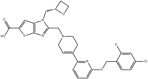 1H-Thieno[2,3-d]imidazole-5-carboxylic acid, 2-[[6-[(4-chloro-2-fluorophenyl)methoxy]-3',6'-dihydro[2,4'-bipyridin]-1'(2'H)-yl]methyl]-1-[(2S)-2-oxetanylmethyl]- 化学構造式