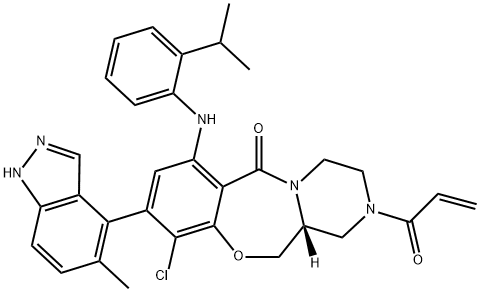 6H-Pyrazino[2,1-c][1,4]benzoxazepin-6-one, 10-chloro-1,2,3,4,12,12a-hexahydro-7-[[2-(1-methylethyl)phenyl]amino]-9-(5-methyl-1H-indazol-4-yl)-2-(1-oxo-2-propen-1-yl)-, (12aR)- Struktur