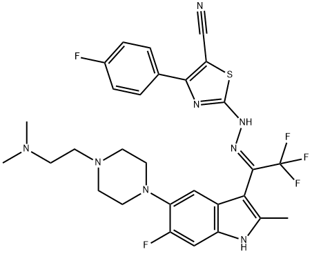 2750152-64-6 5-Thiazolecarbonitrile, 2-[(2Z)-2-[1-[5-[4-[2-(dimethylamino)ethyl]-1-piperazinyl]-6-fluoro-2-methyl-1H-indol-3-yl]-2,2,2-trifluoroethylidene]hydrazinyl]-4-(4-fluorophenyl)-