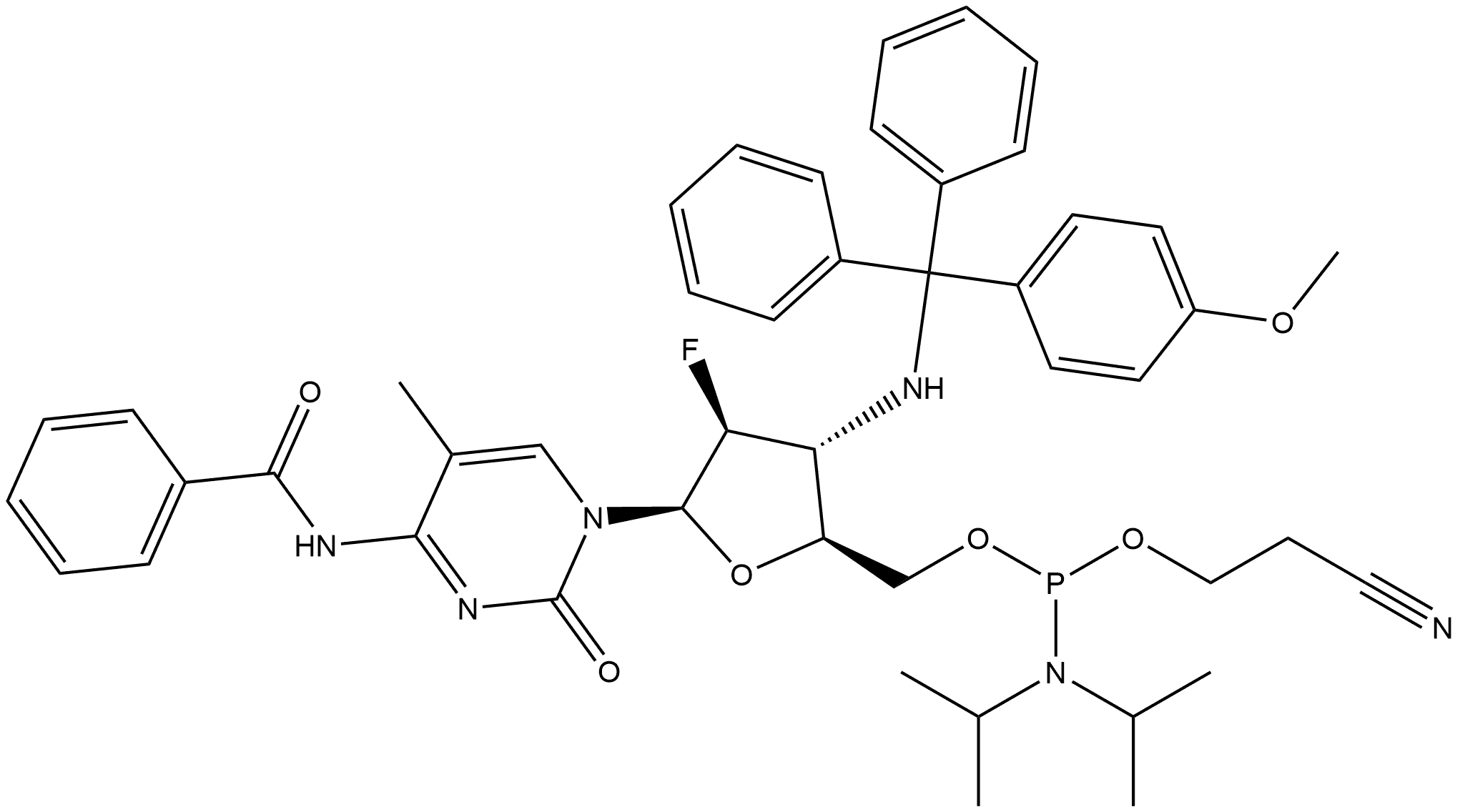 Benzamide, N-[1-[5-O-[[bis(1-methylethyl)amino](2-cyanoethoxy)phosphino]-2,3-dideoxy-2-fluoro-3-[[(4-methoxyphenyl)diphenylmethyl]amino]-β-D-arabinofuranosyl]-1,2-dihydro-5-methyl-2-oxo-4-pyrimidinyl]-,2756254-52-9,结构式