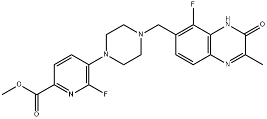 2-Pyridinecarboxylic acid, 6-fluoro-5-[4-[(5-fluoro-3,4-dihydro-2-methyl-3-oxo-6-quinoxalinyl)methyl]-1-piperazinyl]-, methyl ester Structure