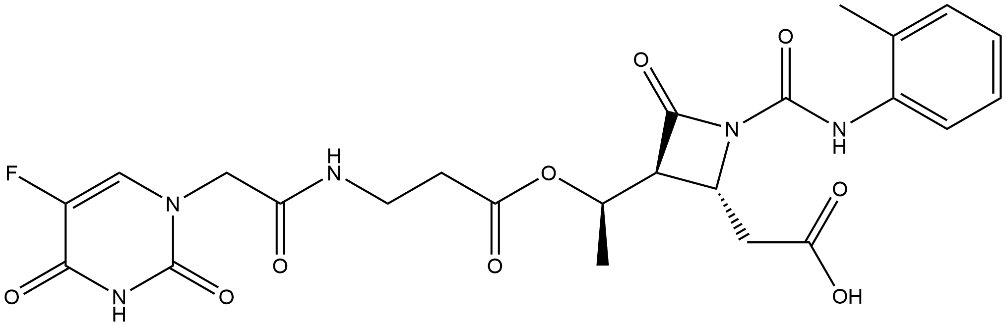 β-Alanine, N-[2-(5-fluoro-3,4-dihydro-2,4-dioxo-1(2H)-pyrimidinyl)acetyl]-, (1R)-1-[(2R,3S)-2-(carboxymethyl)-1-[[(2-methylphenyl)amino]carbonyl]-4-oxo-3-azetidinyl]ethyl ester,2756557-83-0,结构式