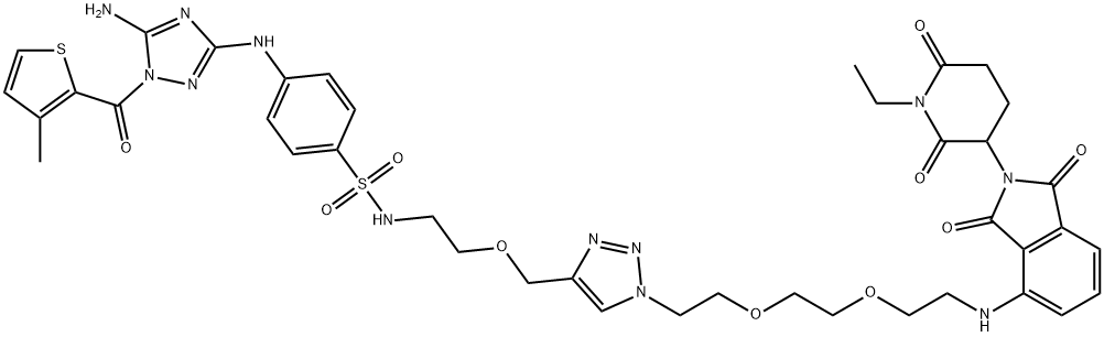 Benzenesulfonamide, 4-[[5-amino-1-[(3-methyl-2-thienyl)carbonyl]-1H-1,2,4-triazol-3-yl]amino]-N-[2-[[1-[2-[2-[2-[[2-(1-ethyl-2,6-dioxo-3-piperidinyl)-2,3-dihydro-1,3-dioxo-1H-isoindol-4-yl]amino]ethoxy]ethoxy]ethyl]-1H-1,2,3-triazol-4-yl]methoxy]ethyl]- 化学構造式