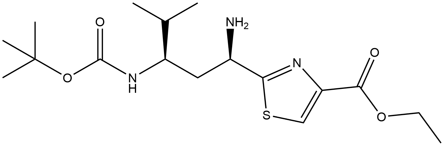 Ethyl 2-((1R,3R)-1-amino-3-((tert-butoxycarbonyl)amino)-4-methylpentyl)thiazole-4-carboxylate 化学構造式