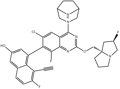 2-Naphthalenol, 4-[6-chloro-4-(3,8-diazabicyclo[3.2.1]oct-3-yl)-8-fluoro-2-[[(2R,7aS)-2-fluorotetrahydro-1H-pyrrolizin-7a(5H)-yl]methoxy]-7-quinazolinyl]-5-ethynyl-6-fluoro- Struktur