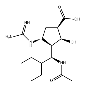 Cyclopentanecarboxylic acid, 3-[(1S)-1-(acetylamino)-2-ethylbutyl]-4-[(aminoiminomethyl)amino]-2-hydroxy-, (1R,2S,3R,4R)- Structure
