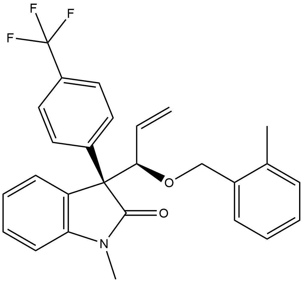 (3R)-1,3-Dihydro-1-methyl-3-[(1R)-1-[(2-methylphenyl)methoxy]-2-propen-1-yl]-3-[4-(trifluoromethyl)phenyl]-2H-indol-2-one 结构式