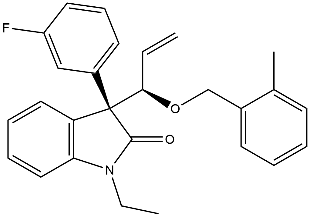 (3R)-1-Ethyl-3-(3-fluorophenyl)-1,3-dihydro-3-[(1R)-1-[(2-methylphenyl)methoxy]-2-propen-1-yl]-2H-indol-2-one 结构式