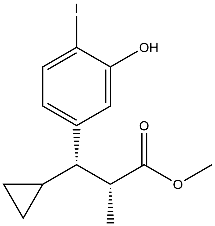 rel-Methyl (αR,βS)-β-cyclopropyl-3-hydroxy-4-iodo-α-methylbenzenepropanoate 化学構造式