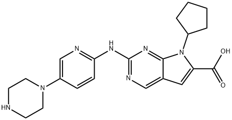 7H-Pyrrolo[2,3-d]pyrimidine-6-carboxylic acid, 7-cyclopentyl-2-[[5-(1-piperazinyl)-2-pyridinyl]amino]- 化学構造式