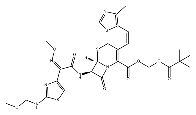 5-Thia-1-azabicyclo[4.2.0]oct-2-ene-2-carboxylic acid, 7-[[(2Z)-2-(methoxyimino)-2-[2-[(methoxymethyl)amino]-4-thiazolyl]acetyl]amino]-3-[(1Z)-2-(4-methyl-5-thiazolyl)ethenyl]-8-oxo-, (2,2-dimethyl-1-oxopropoxy)methyl ester, (6R,7R)- Struktur