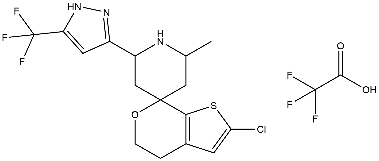 2'-chloro-2-methyl-6-(5-(trifluoromethyl)-1H-pyrazol-3-yl)-4',5'-dihydrospiro[piperidine-4,7'-thieno[2,3-c]pyran] 2,2,2-trifluoroacetate,2762825-59-0,结构式