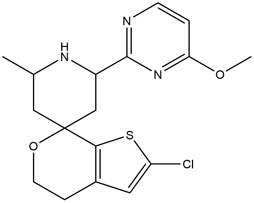 2'-chloro-2-(4-methoxypyrimidin-2-yl)-6-methyl-4',5'-dihydrospiro[piperidine-4,7'-thieno[2,3-c]pyran 化学構造式